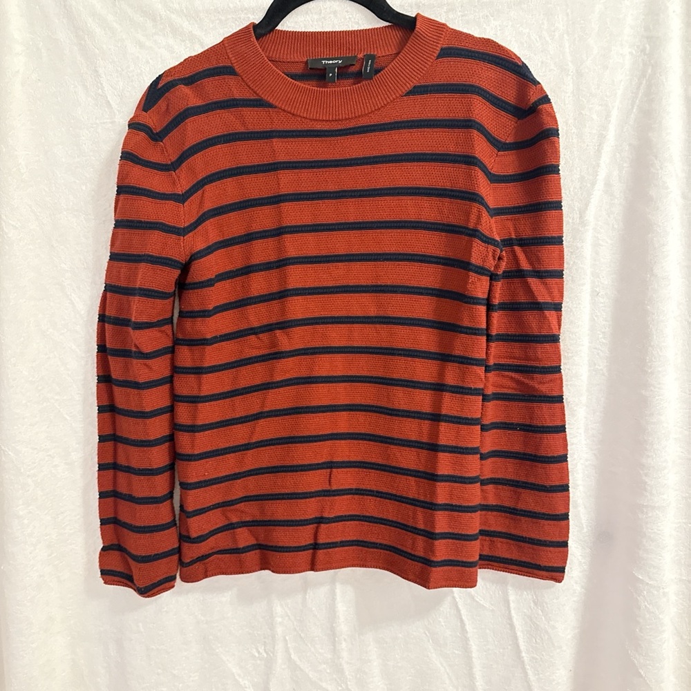 Theory rust and navy Striped Crew Neck Sweater